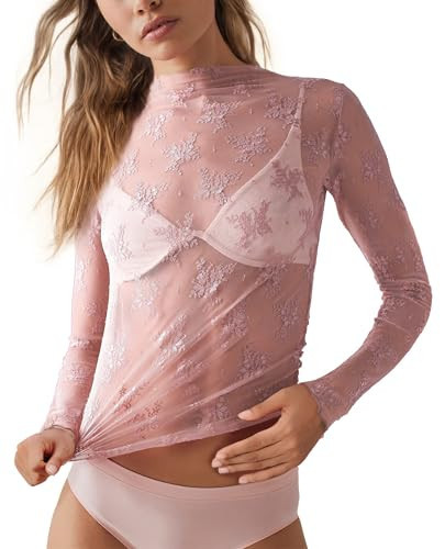 siliteelon Lace Tops for Women Mesh Long Sleeve Top Sheer Lace Shirt Floral Mock Neck Party Club Lace Undershirt Pink | Amazon (US)