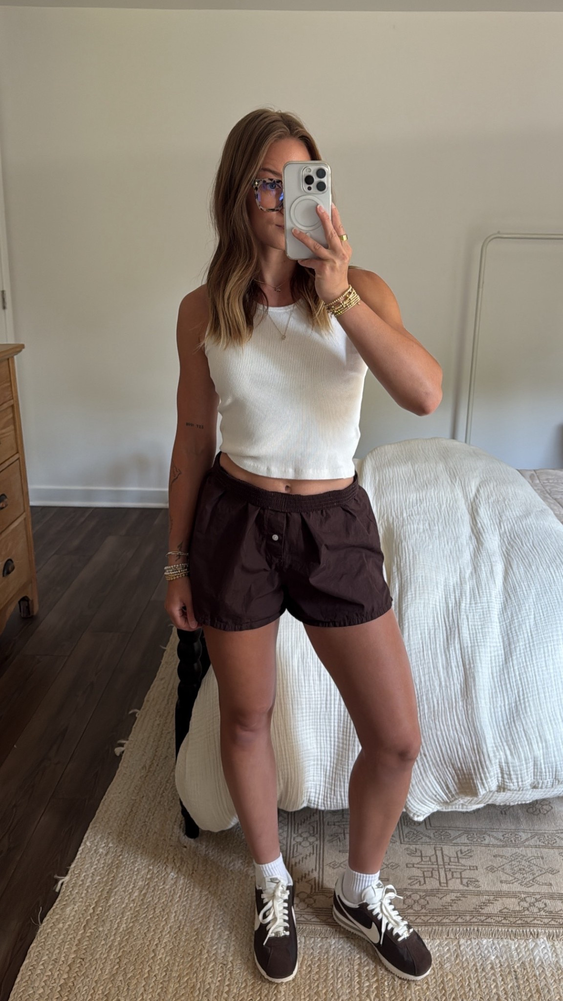 8/16/25 Casual OOTD 🤎 Linking my Amazon blue light fashion glasses, my Aritzia brown boxer shorts, and my Nike Cortez sneakers — the perfect mix of comfy + put together for a cozy day at home or out running errands.

#LTKStyleTip #LTKShoeCrush