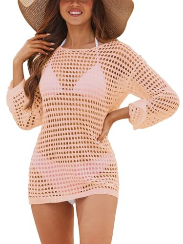 CUPSHE Crochet Coverups for Women Mesh Knit Beach Cover Up 2024 Summer Bathing Suit Swimwear Peach Pink, M | Amazon (US)