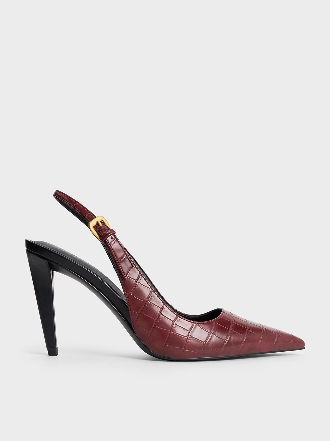 Croc-Effect Cone-Heel Pointed-Toe Pumps
    
         - Animal Print Red | Charles & Keith EU
