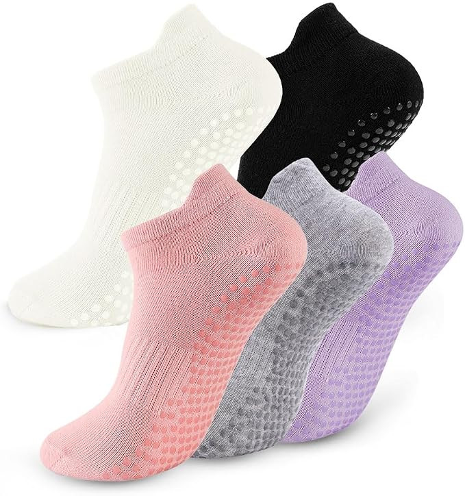 5 Pairs Pilates Socks with Grips for Women Non Slip Grip Yoga Crew Socks for Barre Hospital Baref... | Amazon (US)