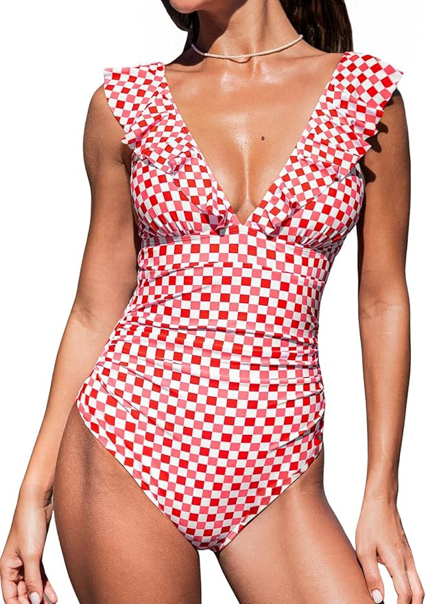 CUPSHE Women's Ruffled One Piece Swimsuit V Neck Lace Up, M at Amazon Women’s Clothing store | Amazon (US)
