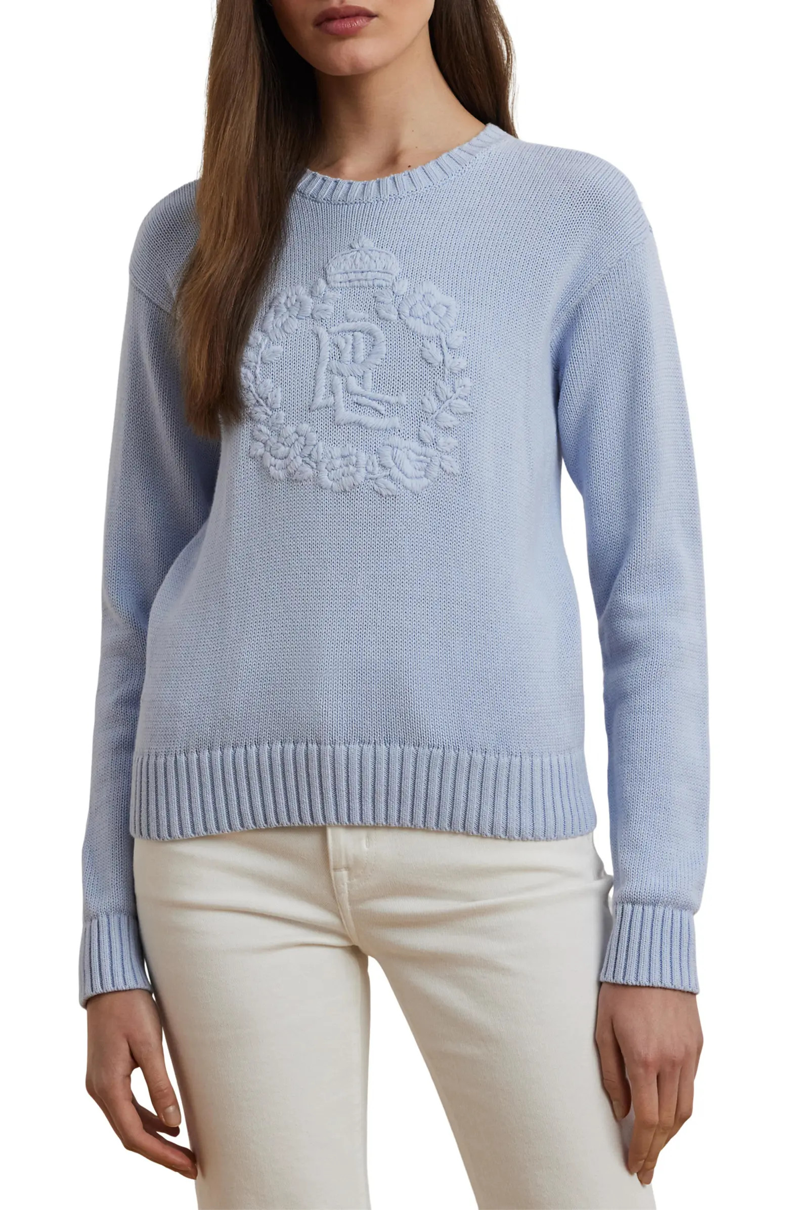 Lauren Ralph Lauren Floral Logo Combed Cotton Sweater | Nordstrom | Nordstrom