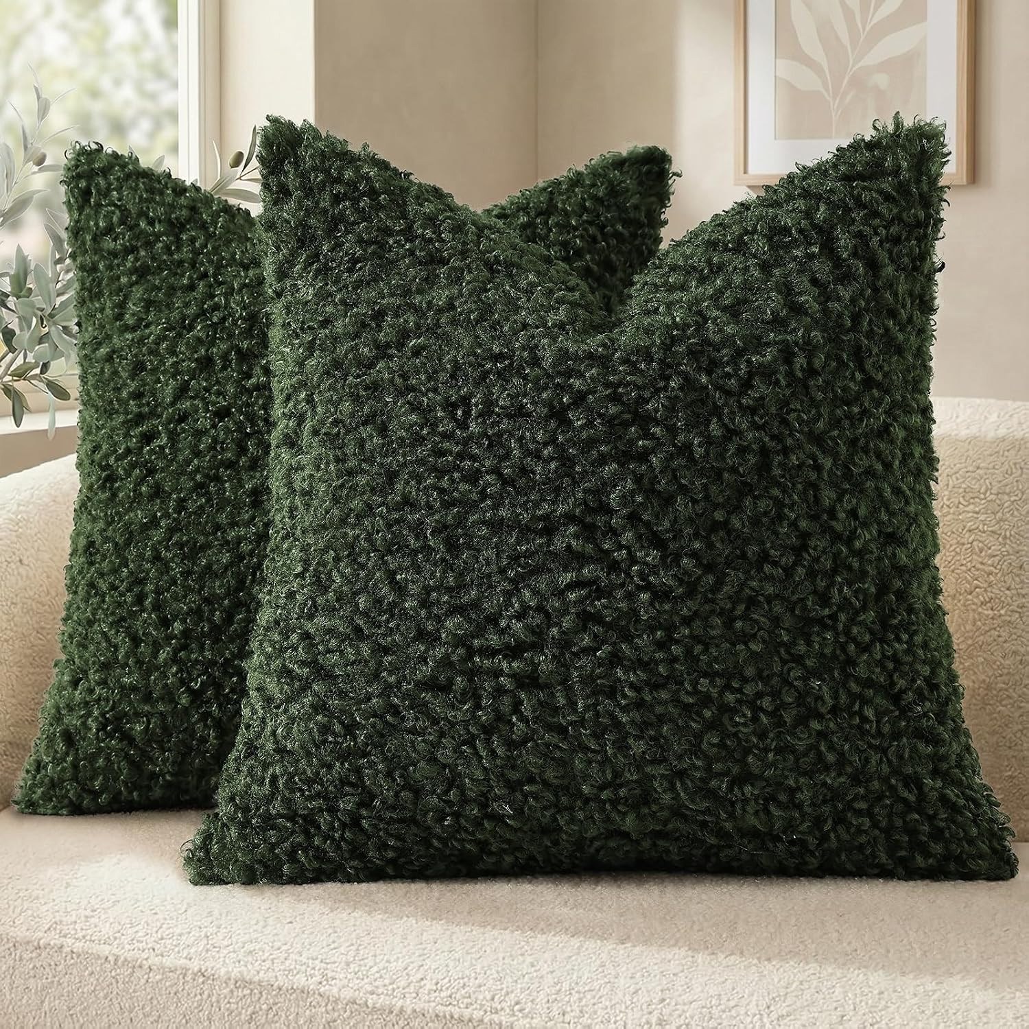 decorUhome Sherpa Decorative Throw Pillow Covers 18x18 Set of 2 Olive Green | Amazon (US)