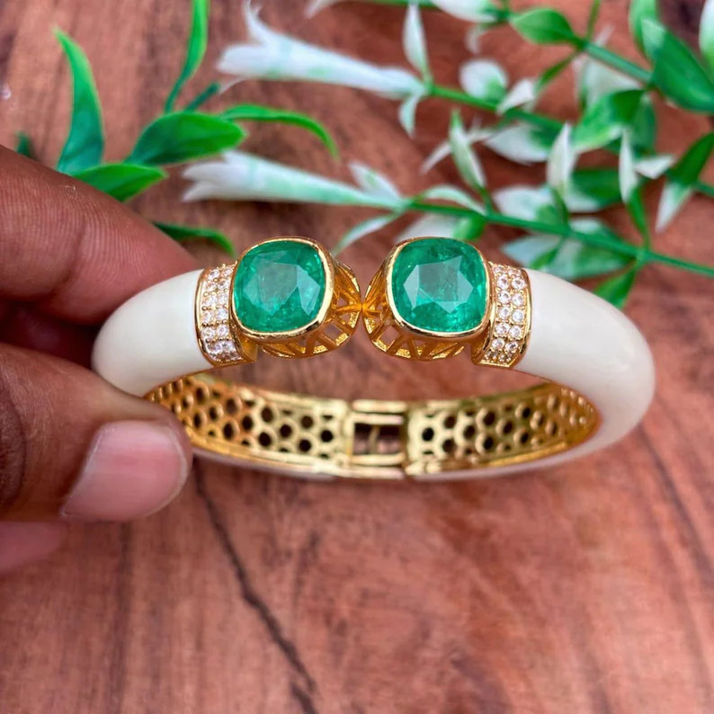 Lab Emerald Bangle : White Enamel Jewelry , Gold Plated Adjustable Bangle - Etsy | Etsy (Global)