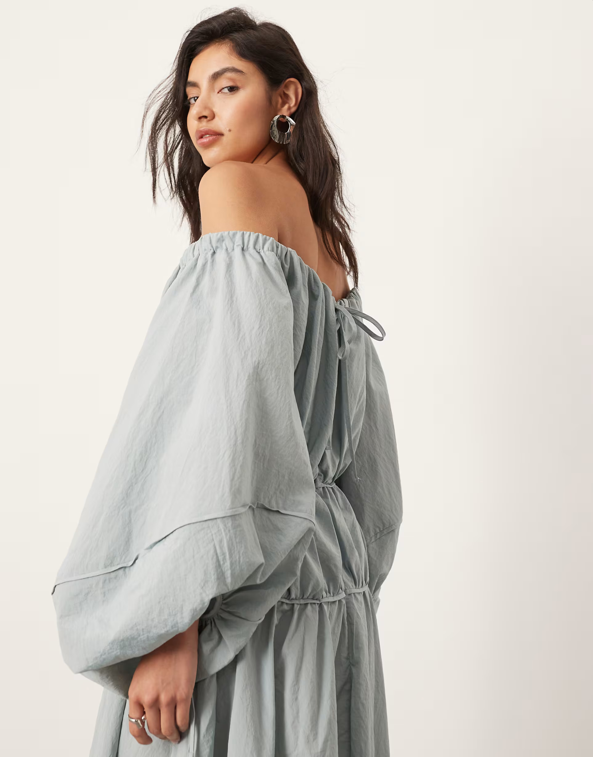 ASOS EDITION bardot pleat detail midi dress with balloon sleeves in blue | ASOS (Global)