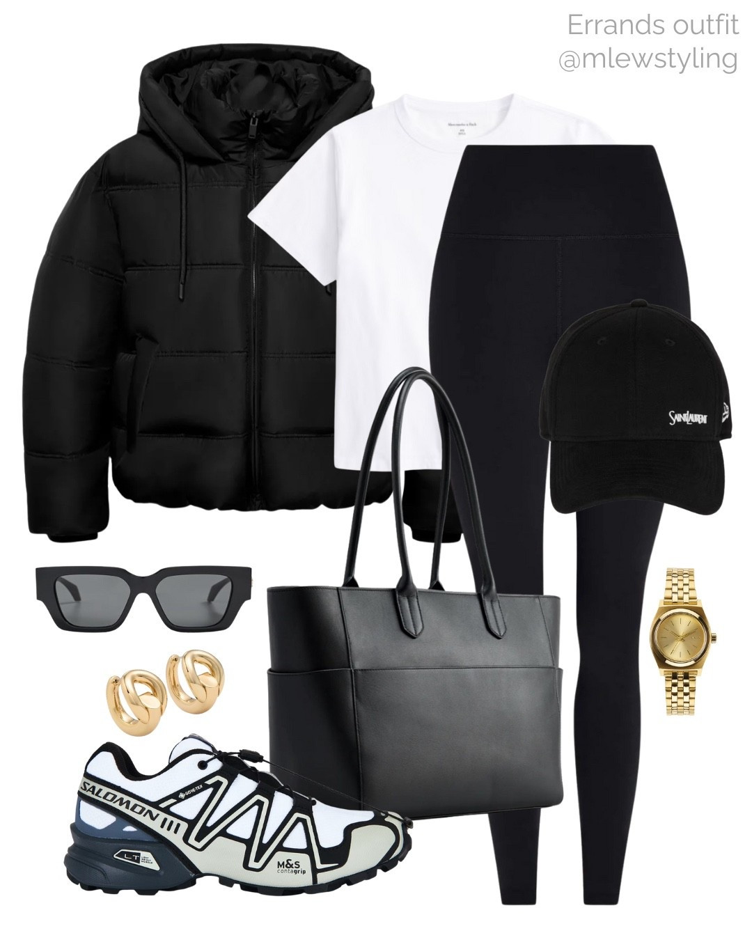 Outfit for an errands run 🤍

Tags: winter outfit, Zara black puffer jacket, Abercrombie white t-shirt, Varley black leggings, quince black leather tote bag, Nixon gold watch, Salomon sneakers, Tory Burch gold earrings, saint Laurent baseball cap, Tom ford sunglasses, early spring look

#LTKootd #LTKActive #LTKgrwm