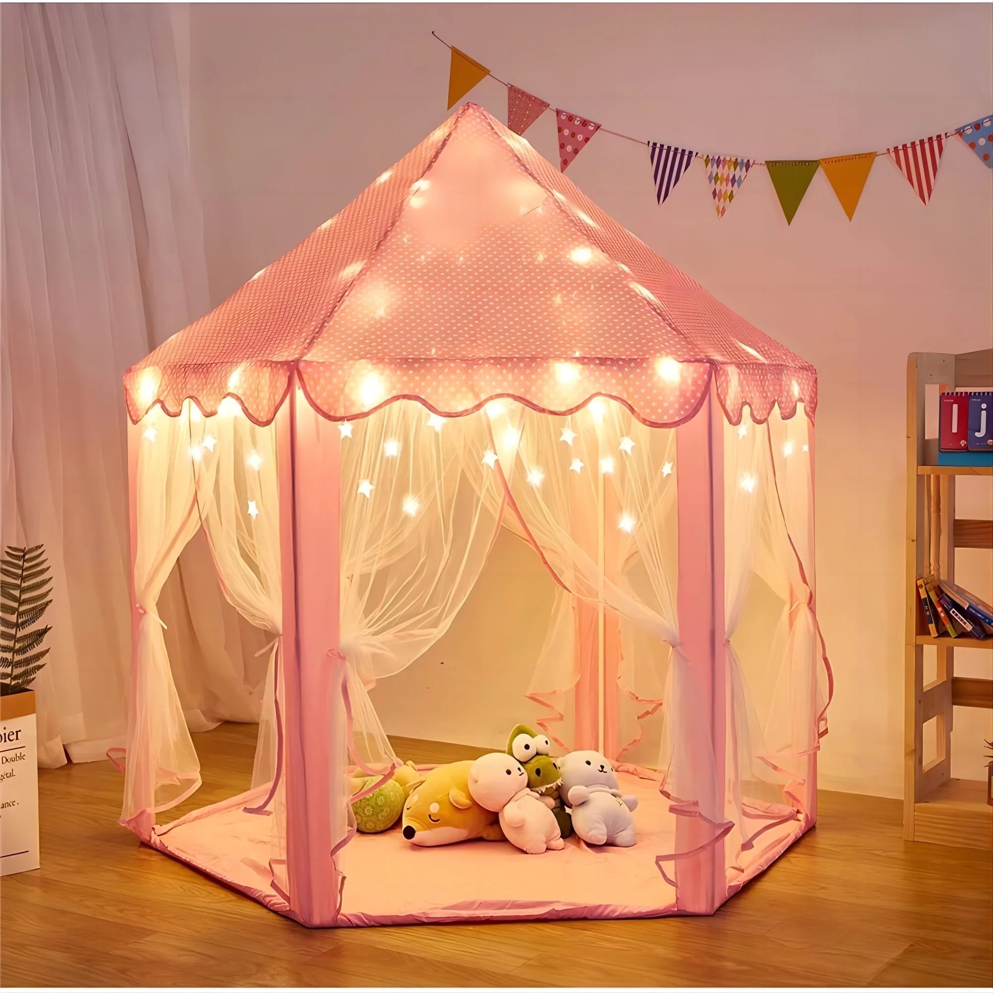 Princess Castle Play Tent with LED Star Lights,Large Size 55" x 53" Pink Hexagon Playhouses Kids ... | Walmart (US)