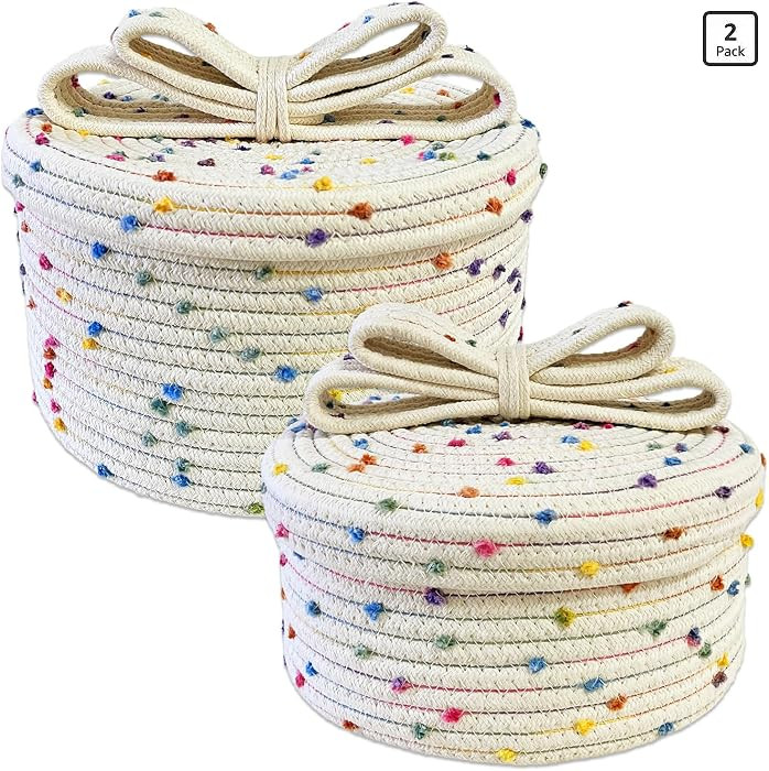 Small Woven Storage Baskets with Lids, Round Cotton Rope Basket with Lid, Cute Storage Box for Sm... | Amazon (US)