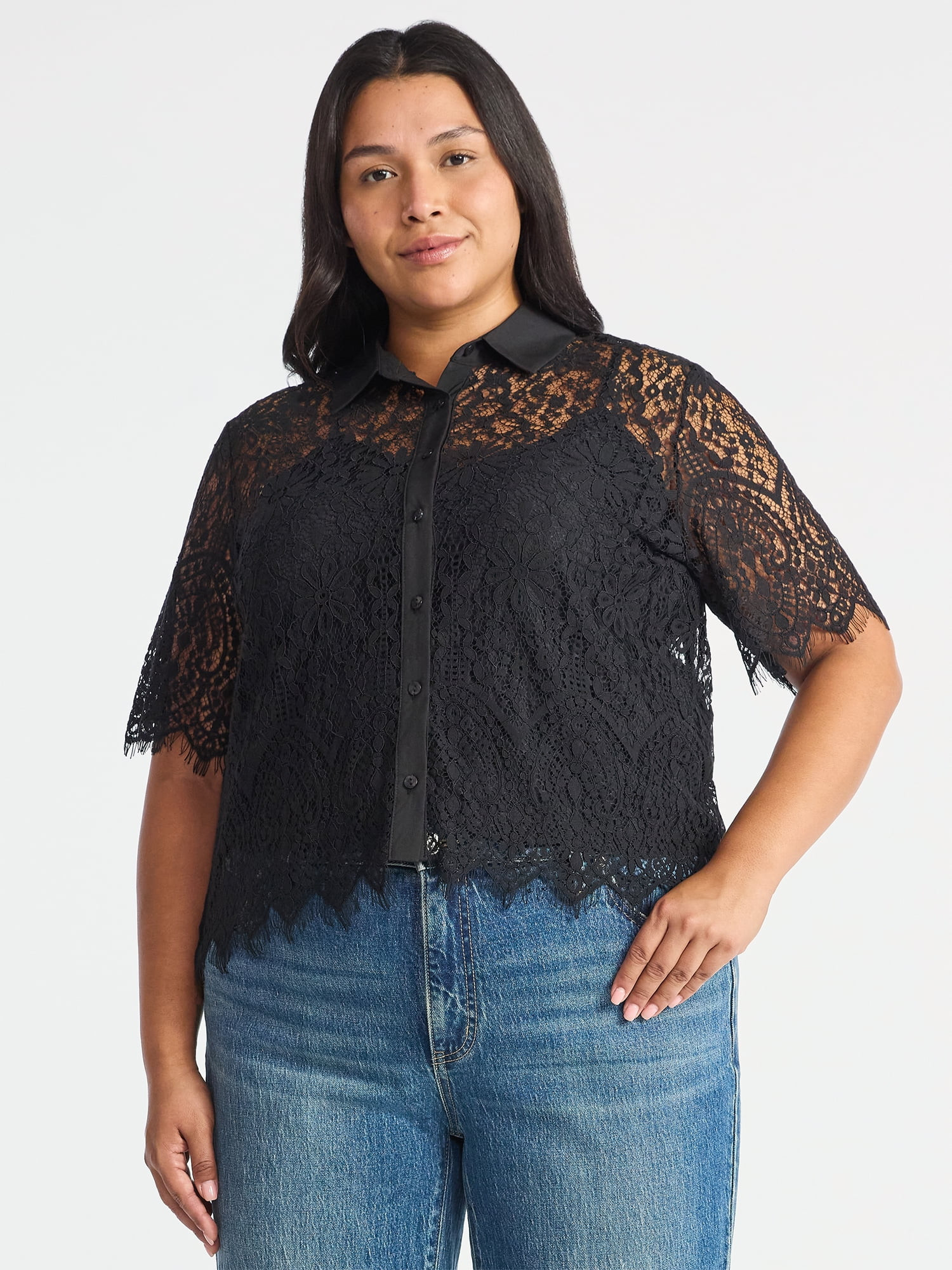 Time and Tru Women's Button Up Lace Blouse with Short Sleeves, Sizes XS-XXXL | Walmart (US)