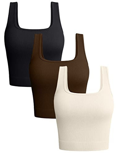 OQQ Women's 3 Piece Tank Tops Ribbed Seamless Workout Exercise Shirts 2025 Summer Basic Camis Black Coffee Beige | Amazon (US)