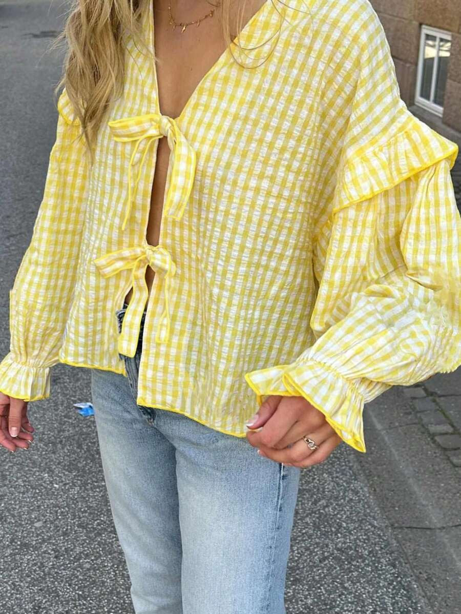 INAWLY Women's Bright Yellow Bubble Plaid Cute Loose Long Sleeve Fungus Lace Shirt | SHEIN