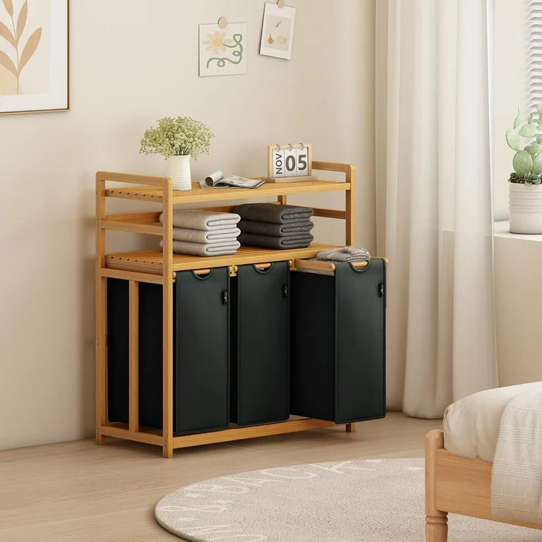 Bamboo Shelf With Laundry Hamper, 2-layer, 3 Compartment Organizer, Wooden Sorter with Sliding, E... | Walmart (US)