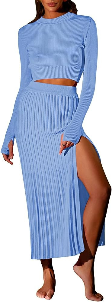 Pink Queen Women's 2 Piece Sweater Outfits Set Long Sleeve Crop Top Ribbed Split Bodycon Midi Lon... | Amazon (US)