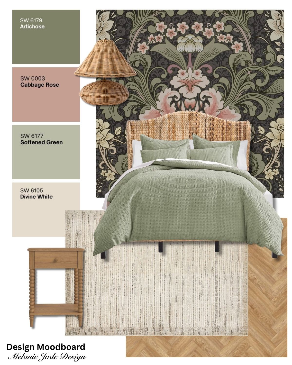 Pink and green bedroom with Abyssaly William Morris vintage wallpaper. Pair with natural elements like rattan and wicker and wood furniture. Link to wallpaper >>> https://amzn.to/4bfmgkS 

 #LTKhome #LTKstyletip
