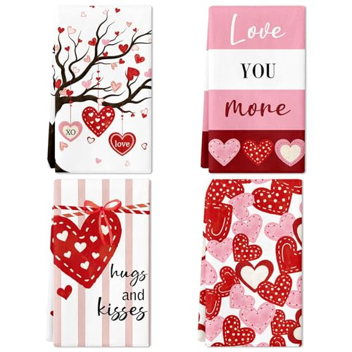 Valentines Day Kitchen Towels Set of 4,16x24 Inch Love Branch Heart Valentine’s Day Kitchen Dish Towels Absorbent Drying Cloth Red Heart Tea towels for Anniversary Wedding Valentine’s Decoration | Amazon (US)