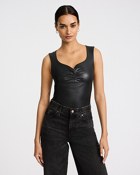 Body Contour Faux Leather Sweetheart Sleeveless Bodysuit | Express