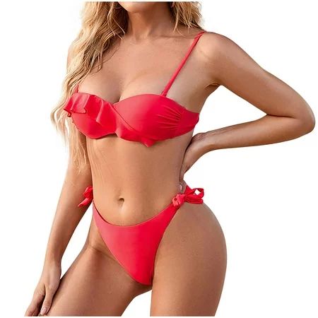 Coerni Bikini Women s Swimsuit Solid Color Red Bikini Swimwear Beach Resort Swimsuit Summer Beachwea | Walmart (US)