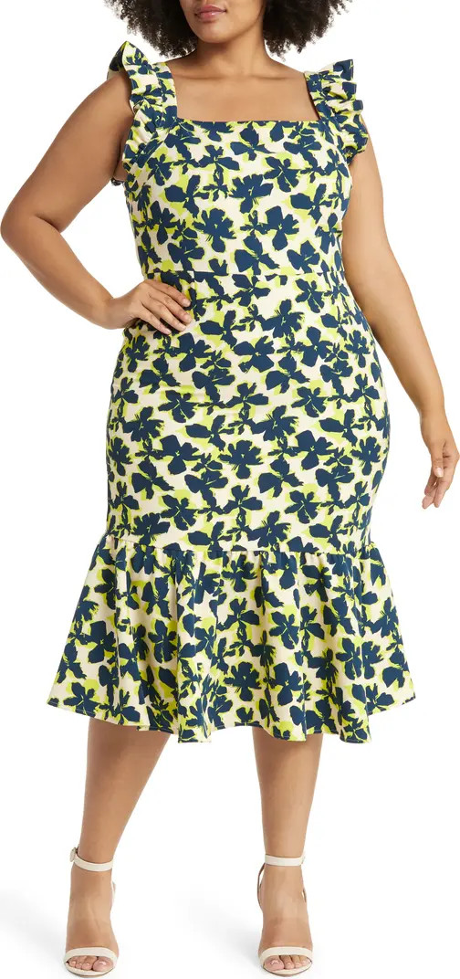 Print Ruffle Sleeve Midi Dress | Nordstrom