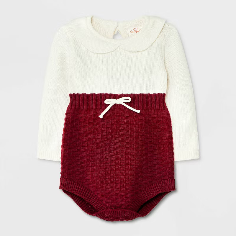 Baby Girls' Peter Pan Collar Sweater Romper - Cat & Jack™ Maroon | Target