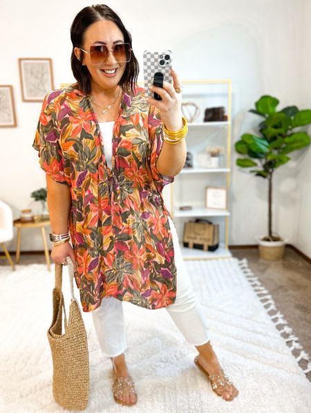 This new tropical layering piece from Walmart is gorgeous!  If you have an upcoming vacation, make sure to grab this one!  Under $20. Wearing the L/XL size. Fits perfectly. Love it styled with these white jeans from Walmart. Size 16 jeans. Size up one. XXL tank top. Sandals run tts  

#LTKmidsize #LTKSeasonal #LTKfindsunder50