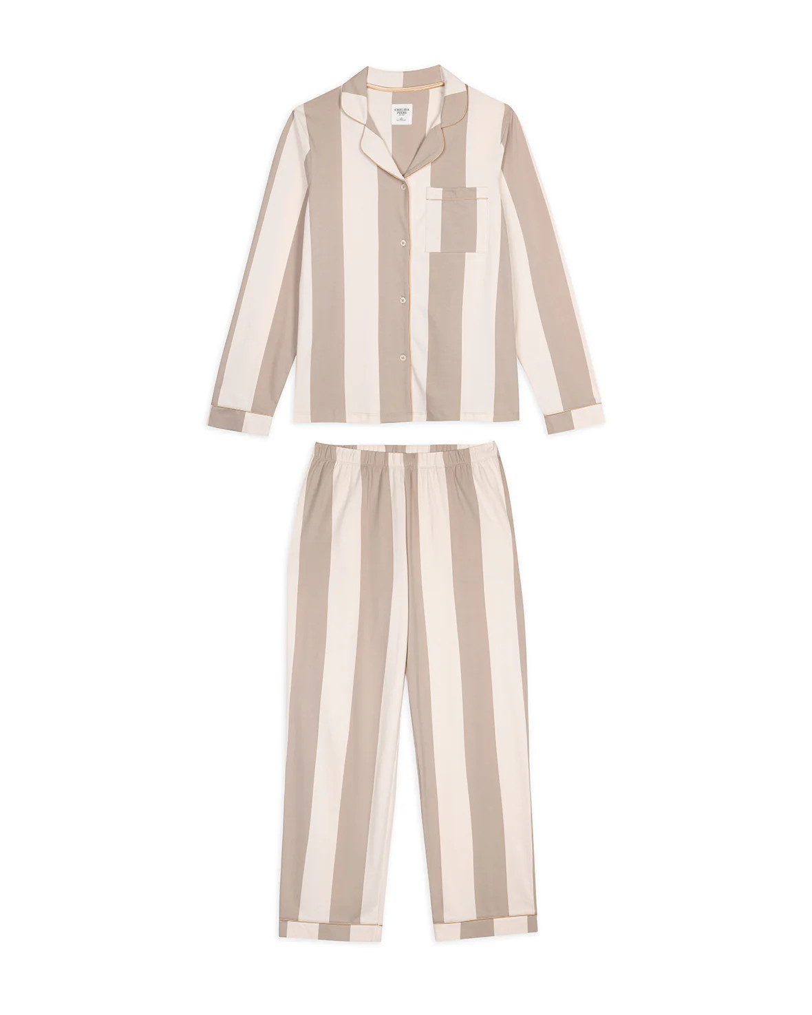 Organic Cotton Stripe Long Pyjama Set - Taupe | Chelsea Peers NYC