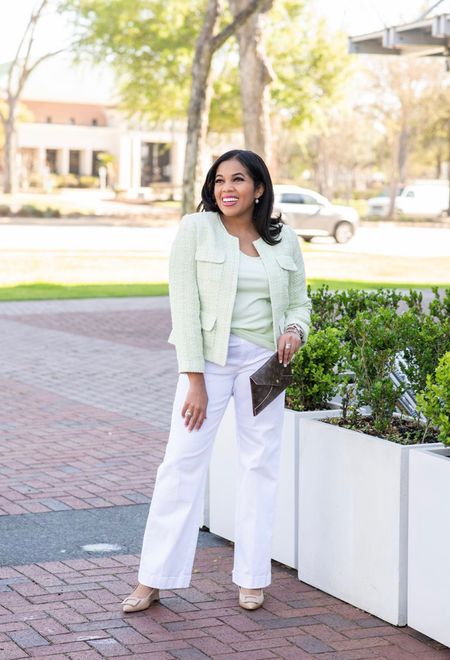 Green is definitely my color and I love this simple tweed blazer and paired it with comfy white wide leg jeans. A perfect work outfit!

#LTKunder100 #LTKworkwear #LTKshoecrush