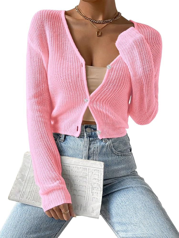 Verdusa Women's Drop Shoulder Long Sleeve Button Up Knit Cardigan Sweater | Amazon (US)