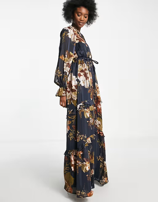 ASOS DESIGN floral tiered maxi dress with tie front in satin stripe | ASOS (Global)