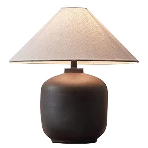 PURESILKS Modern Minimalist Table Lamps, Rustic Farmhouse Ceramic Table Lamp, 16.53" Tall Desk Lamp with Off-Black Linen Drum Lampshade Decor for Living Room Bedroom Bedside Nightstand (Black) | Amazon (US)