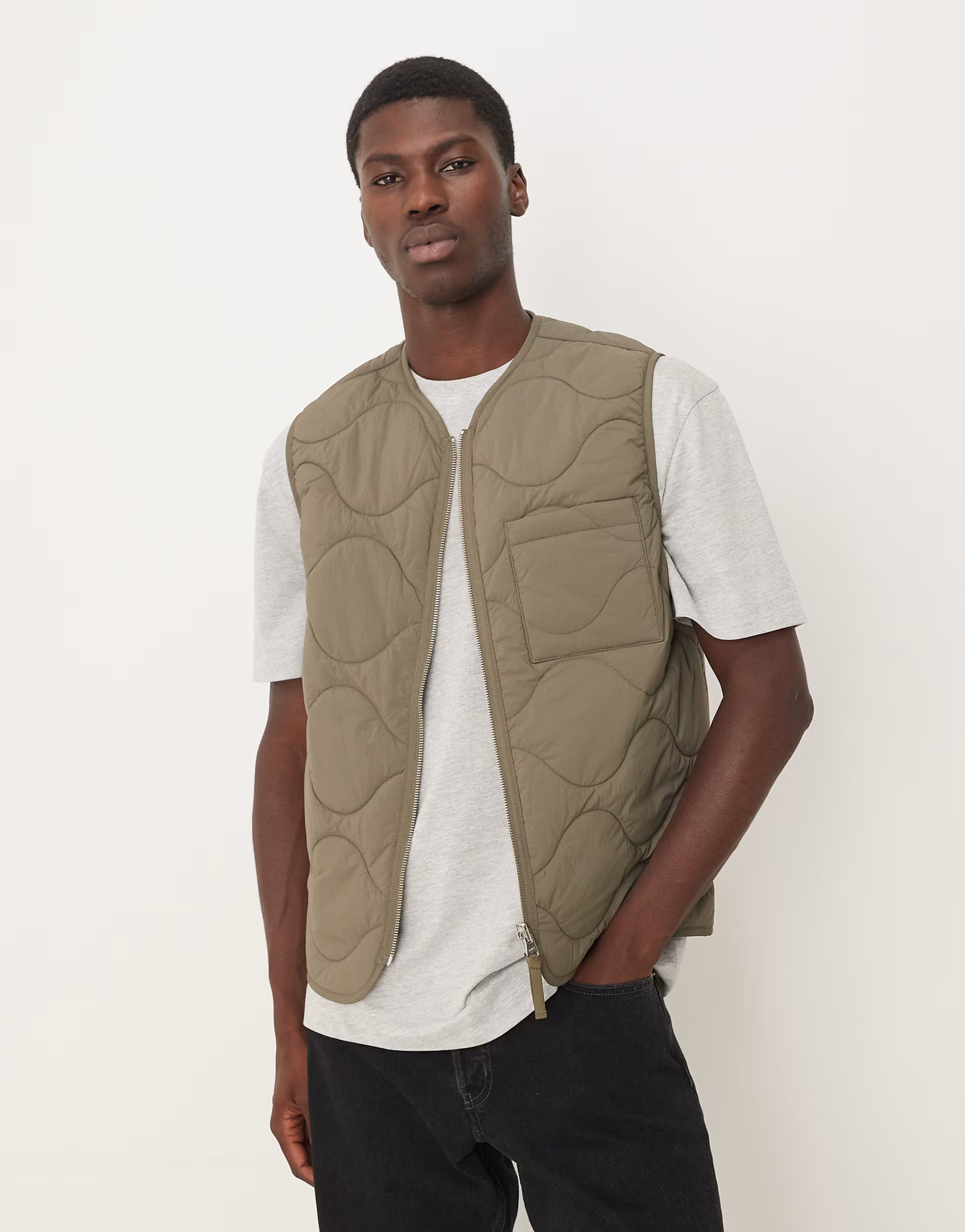 ARKET quilted gilet with zip front in khaki | ASOS | ASOS (Global)
