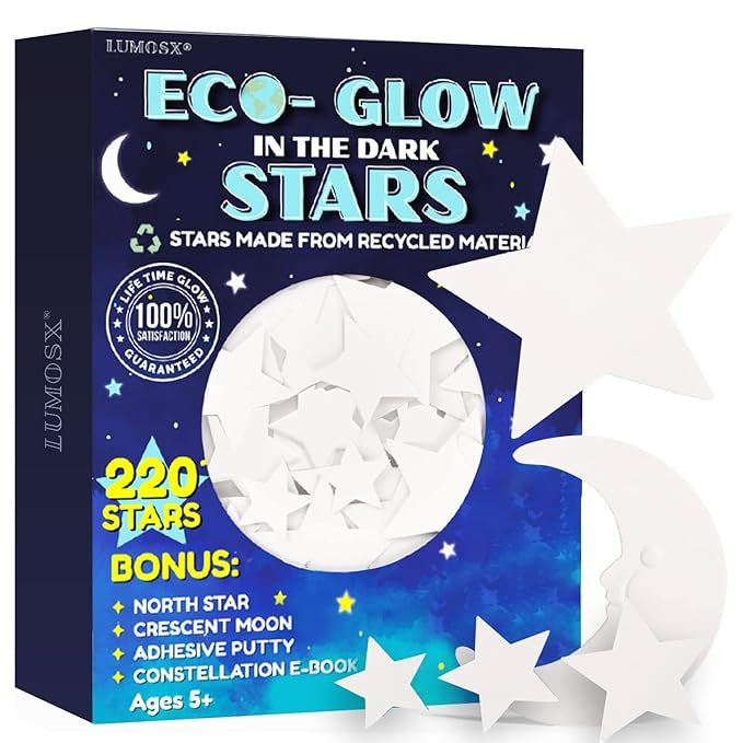 LUMOSX Glow in The Dark Stars for Ceiling - Stars from Recycled Materials w/Bonus North Star, Moo... | Amazon (US)