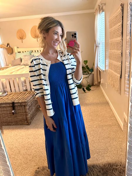 OOTD. Smocked top maxi with stripped sweater with the prettiest gold buttons. I love this sweater for summertime. Classy and beachy 🐚

#LTKparties #LTKfindsunder50 #LTKSeasonal