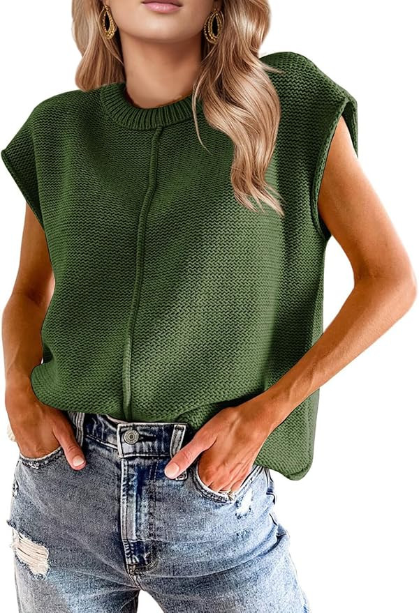 Womens Cap Sleeve Tops 2025 Trendy Tank Top Loose Knit Sweater Vests Cute Shirts Outfits Spring F... | Amazon (US)