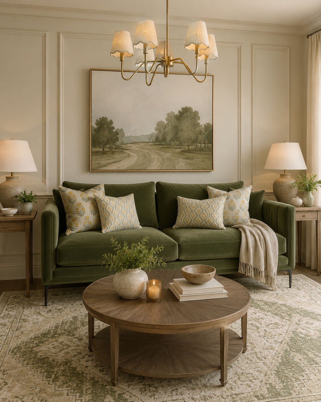There's nothing overdone or elaborate about this space, the most elaborate thing is the panelling on the walls... yet, it all seems to work. Why this works: It's soft. I holds texture. It has style. There's balance. It's modern without being trendy. The couch is a classic piece of furniture. The colors have harmony. All the things that pull together a great room. There is a mood board as inspiration for this entire room. Condo decor. Apartment style. Sage green. Living room. Vintage Grandma. 

 #LTKhome #LTKstyletip #LTKfamily