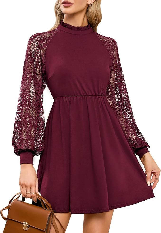 EXLURA Womens Lace Tshirt Mini Dress Ruffle High Neck Long Sleeve Formal Dress Wedding Guest Cock... | Amazon (US)