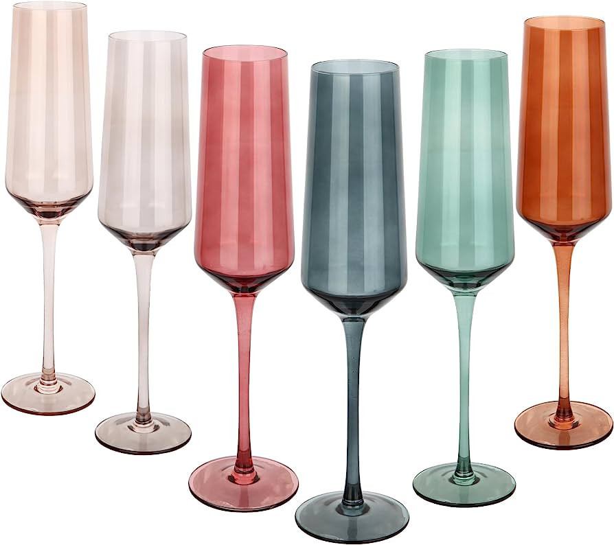 Colored Champagne Flutes Set of 6, Large 8 Oz Hand Blown Crystal Glasses, Lead-Free Colorful Glas... | Amazon (US)