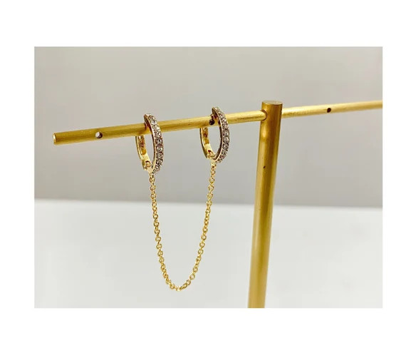 Sparkly CZ Double Hoops (Single Chain), Sparkly CZ handcuff hoops, CZ Gold Hoops, Gold Hoops, Hug... | Etsy (US)