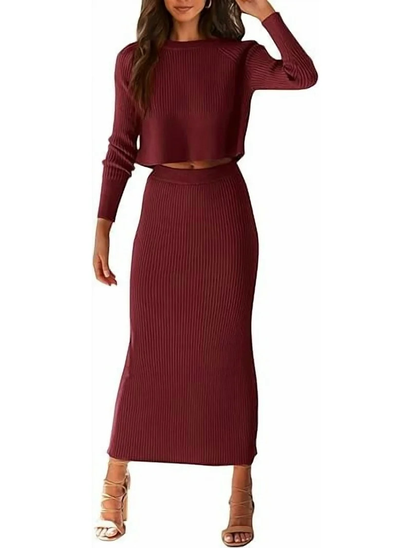PRETTYGARDEN Women's Spring Fall 2 Piece Sweater Set Rib Knit Long Sleeve Crop Top Maxi Bodycon S... | Walmart (US)