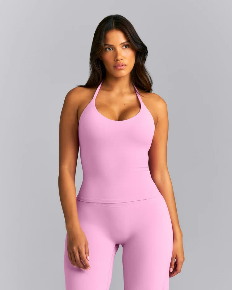 SoftMotion\u2122 Strappy Halter Neck Tank Top with Built in Bra Shelf New Branding 
 Rose Pink | Oner Active (UK / US)
