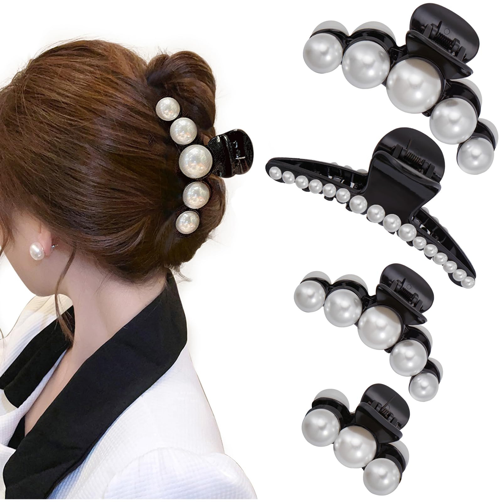 Mehayi 4 PCS Large Black Pearl Hair Claw Clips for Women Girls, Hair Barrette Clamps for Thick Th... | Amazon (US)