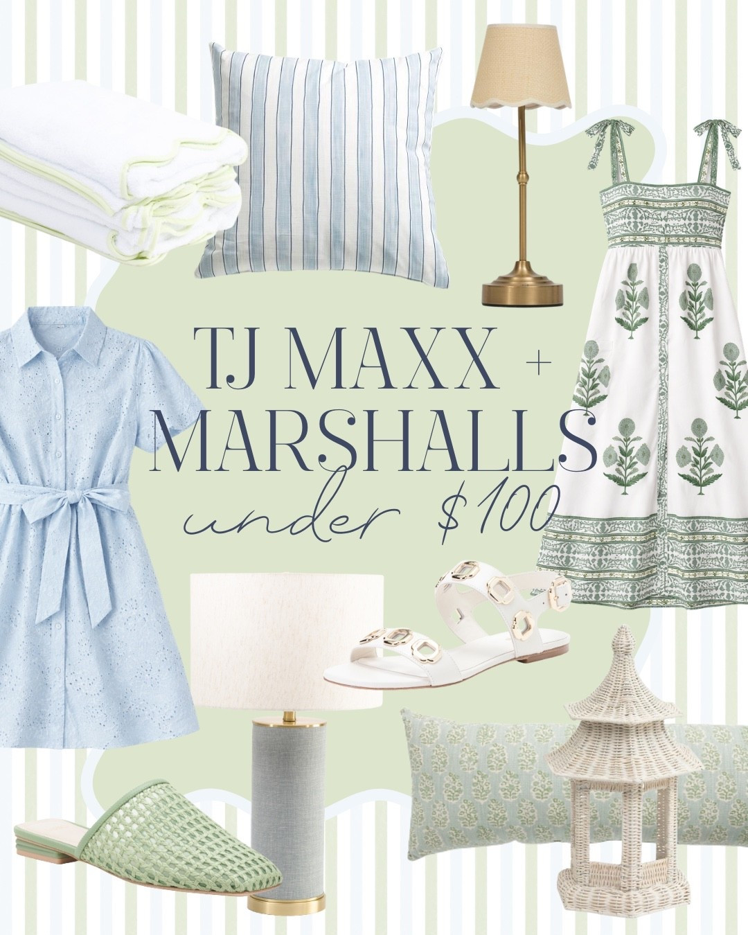 Obsessed with these new arrivals from @TJ Maxx & @Marshalls!! 

Grandmillennial style, Grandmillennial decor, classic style, preppy style, Lillian August, Easter style, blockprint dress, blue lamp, rechargeable lamp, green shoes, linen pillows 

#LTKHome