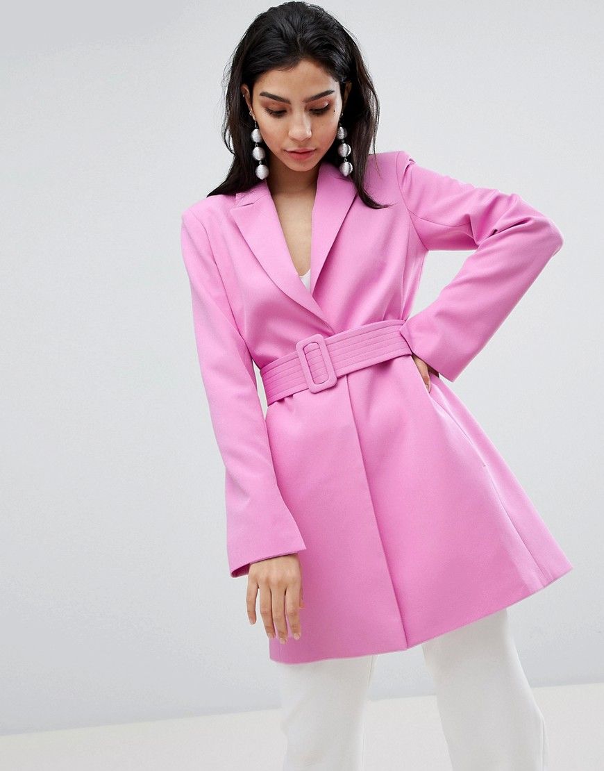 ASOS DESIGN longline belted blazer - Pink | ASOS UK