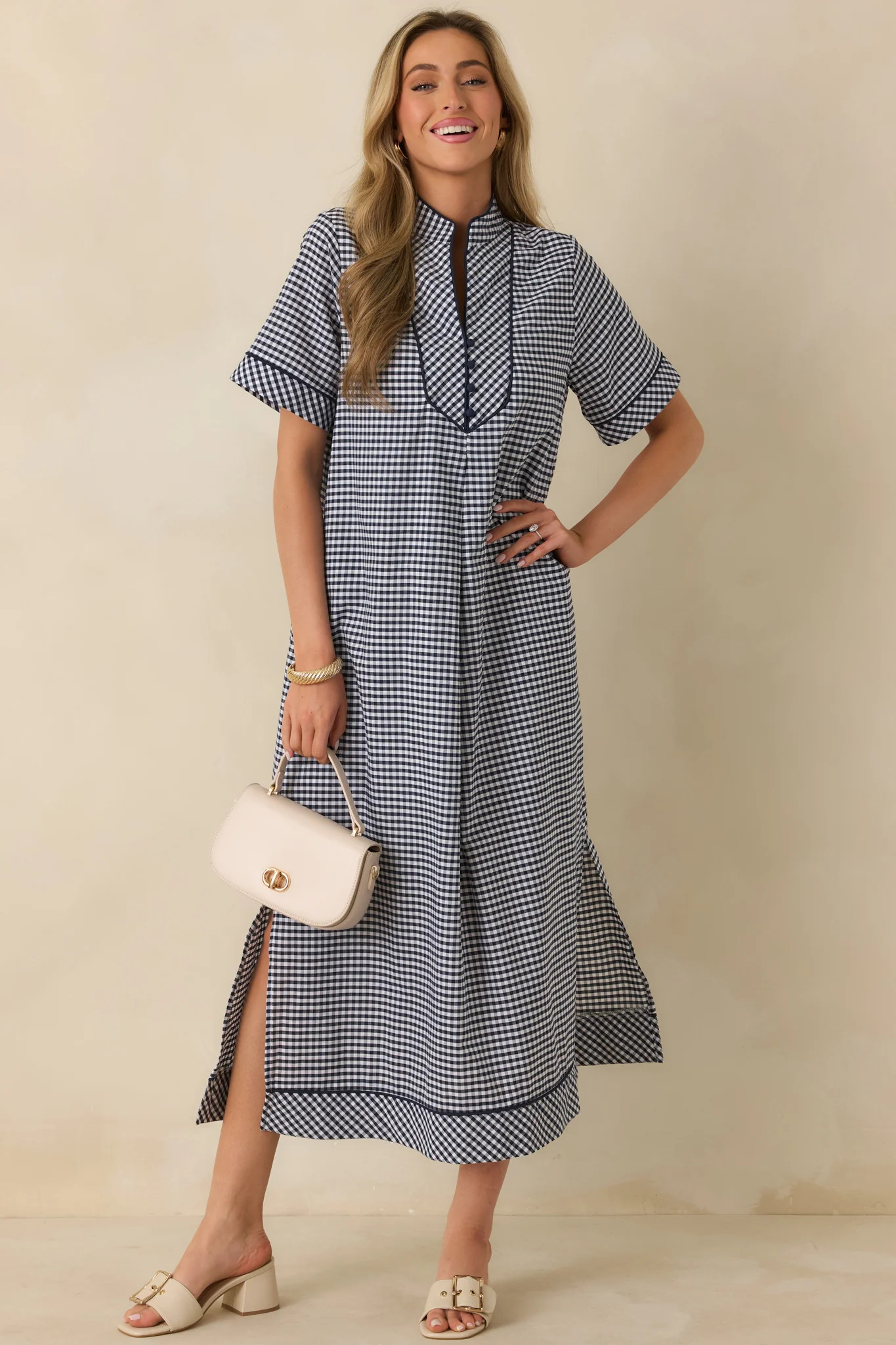 Afternoon Plans Navy Gingham Cotton V-Neck Maxi Dress | Red Dress