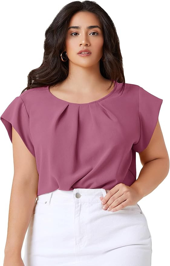 Milumia Women's Plus Size Pleated Top Crew Neck Cap Sleeve Office Work Blouse Shirt | Amazon (US)
