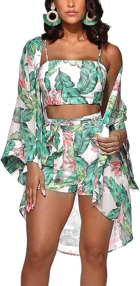 Women 3 Piece Outfits Set Floral Kimono Cardigans Cover Up Off Shoulder Crop Cami Top Short Suits | Amazon (US)