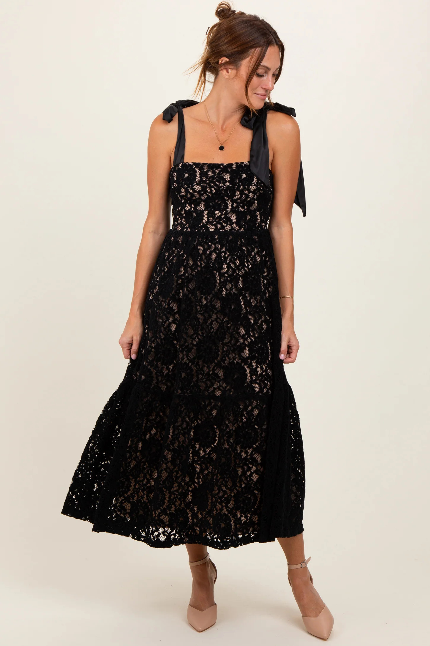 Black Velvet Lace Shoulder Bow Maternity Maxi Dress | PinkBlush Maternity