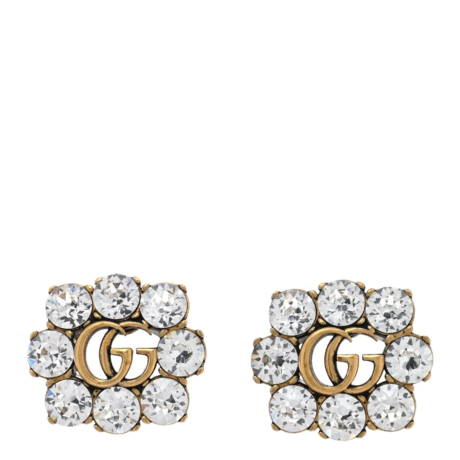 Metal Crystal Double G Clip On Earrings Aged Gold | FASHIONPHILE (US)