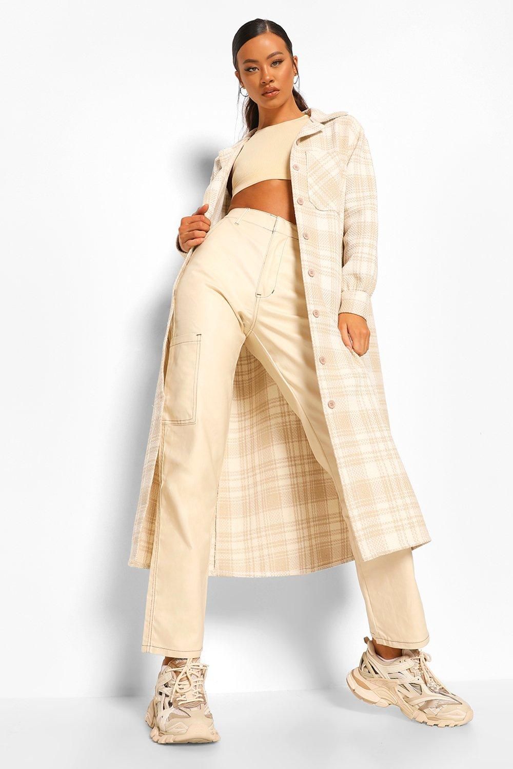 Womens Longline Flannel Shacket - Beige - S | Boohoo.com (US & CA)