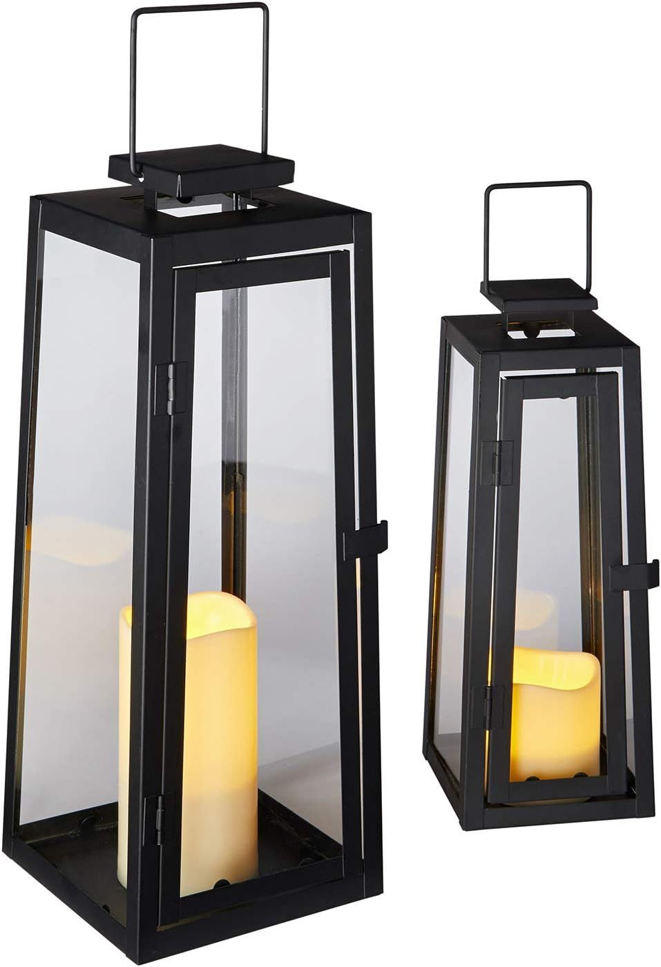 Lights4fun, Inc. Set of Two Black Metal Battery Operated LED Flameless Candle Lanterns Lights for... | Amazon (US)